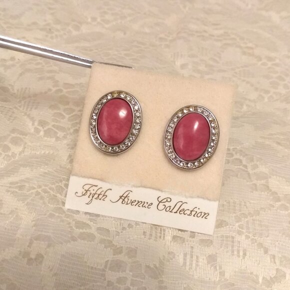 Vintage Genuine Pink Coral Clear Cubic Zirconia Silver Tone Oval Clip Earrings - Picture 3 of 8